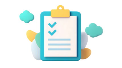 Professionally Rendered 3D of a Blue Clipboard with Neat Checklist and Checkboxes Designed for Productivity and Organization on a Transparent White Background