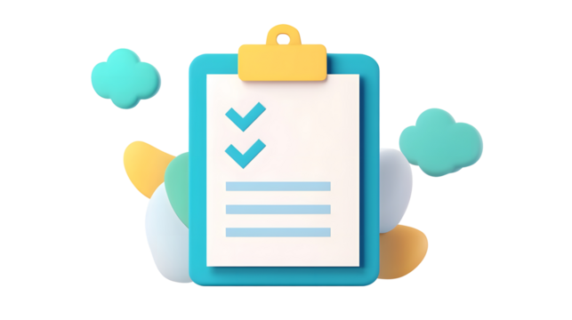 Professionally Rendered 3D of a Blue Clipboard with Neat Checklist and Checkboxes Designed for Productivity and Organization on a Transparent White Background
