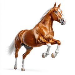 Naklejka premium Chestnut Horse Leaping Dynamically Against White Background