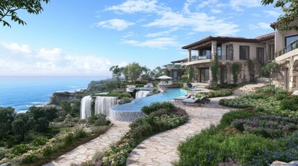Oceanfront mansion, infinity pool, cascading waterfall, lush landscaping.