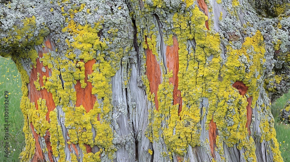 Poster detailed view of tree bark with lichen and interesting texture patterns