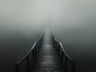 Obraz premium Wooden Bridge Disappearing Into Dense Fog Creates Atmosphere of Mystery and Isolation