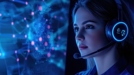 Young woman with headset engaging in technology-related work concept, digital data and futuristic interface background