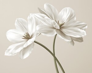 Fototapeta premium Two beautiful white flowers are presented on a plain beige background
