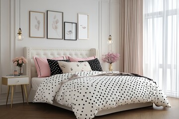 Elegant bedroom with polka dot bedding, blush pink accents, and gold details.