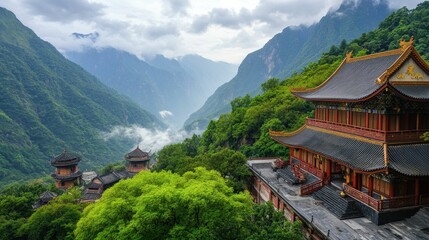 Obraz premium Mountaintop temples, lush greenery, misty valley.