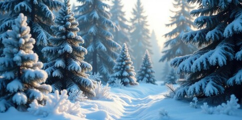 A forest of frosty pines, adorned with snowflakes, pine trees, frosted