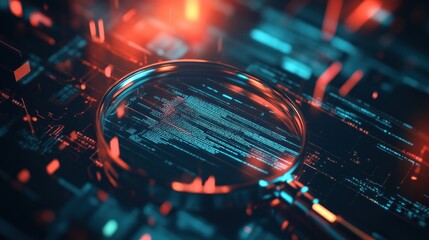 Magnifying glass over digital code, cybersecurity concept. (1)