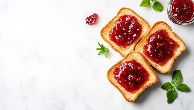Delicious toasts with jam on light table, top view
