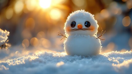 Obraz premium Funny snowman with a twig mustache in a snowy field. Winter fun!