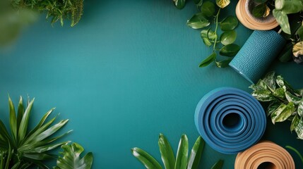 Rolled yoga mat with plants against a teal background