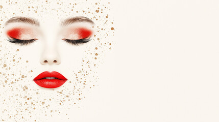 Obraz premium Enchanting Beauty: A portrait of a woman with closed eyes, adorned in vibrant red eyeshadow and lipstick, embellished with golden confetti, creating a dreamy aesthetic.