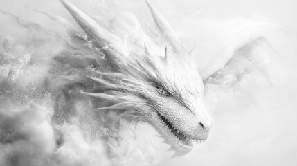 Mystic Dragon in Clouds: A majestic white dragon soars through a swirling ethereal expanse of clouds, showcasing its mythical grace and power in a monochrome realm.