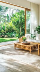 Tropical view, wicker furniture, light-filled room.