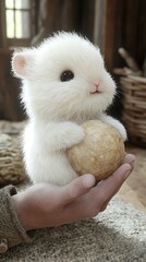 Bunny holding ball in hand, wooden background