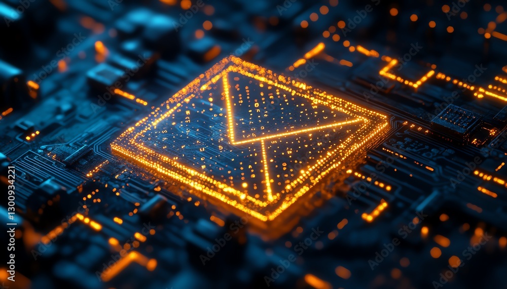Poster abstract glowing email icon on a digital circuit board, representing secure electronic messaging, mo