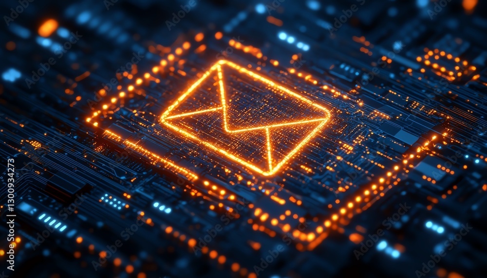 Aufkleber abstract glowing email icon on a digital circuit board, representing secure electronic messaging, mo