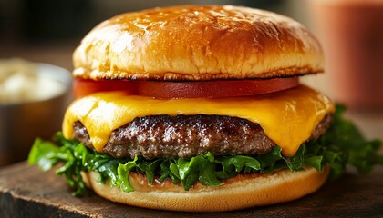 A delicious cheeseburger with fresh toppings on a toasted bun