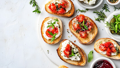 Delicious toasts with jam on light table, top view
