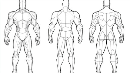 Human Anatomy: An detailed illustration of the human muscular system with front, side, and back views.
