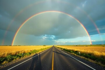 Double rainbow spans empty highway, sunlit fields , double rainbow, weather