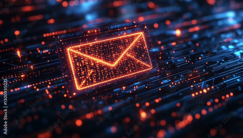 Poster email icon glowing on a digital circuit board, abstract concept of virtual communication, encrypted 