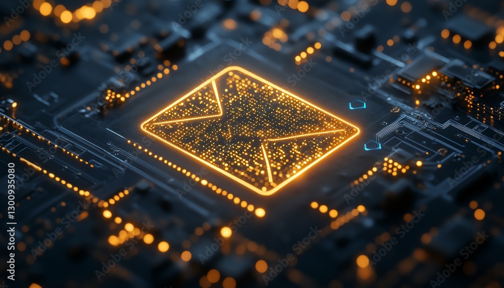 Poster email icon glowing on a digital circuit board, abstract concept of virtual communication, encrypted 