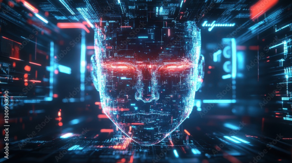 Poster a futuristic digital face composed of complex circuitry and data