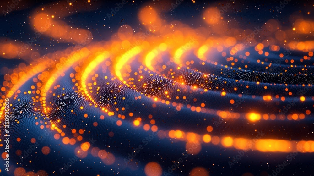 Poster abstract glowing particles swirling in concentric circles, dark background with orange light. possib