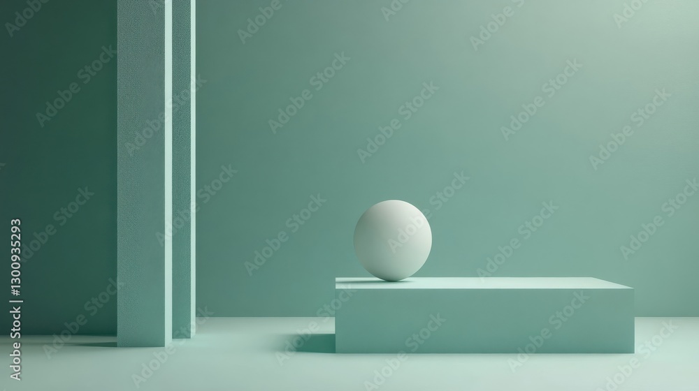 Poster a minimalist composition featuring a sphere atop a platform and columns