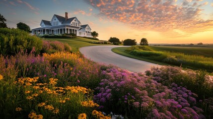 Fototapeta premium Serene Sunrise at a Coastal Mansion