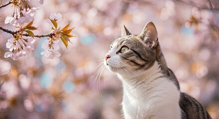 Fototapeta premium 猫と桜/日本の春