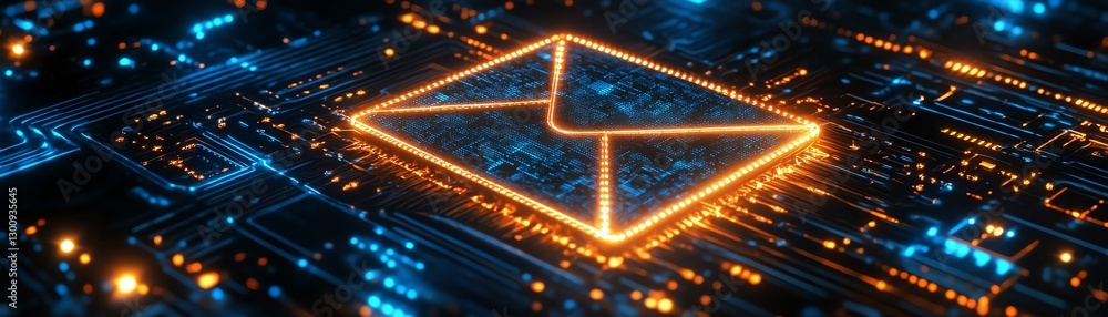 Poster glowing email icon on a digital circuit board, futuristic encryption concept, secure virtual communi