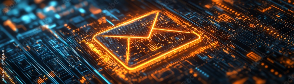 Poster glowing email icon on a digital circuit board, futuristic encryption concept, secure virtual communi
