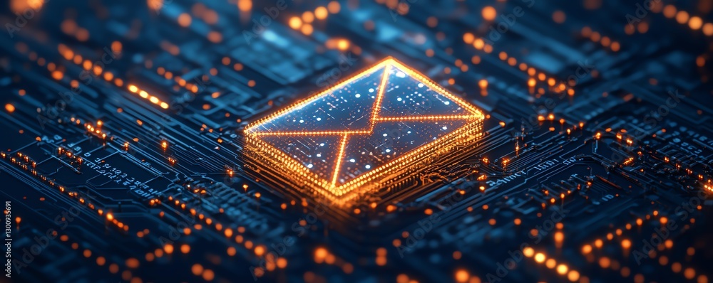 Poster glowing email icon on a digital circuit board, futuristic encryption concept, secure virtual communi