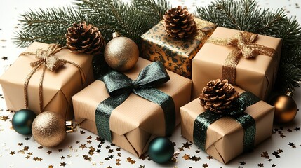Fototapeta premium Gift boxes with ribbon bows, gold and green baubles, stars, pine cones, a spruce branch, and confetti on white.