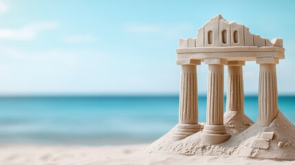 Fototapeta premium Sand castle on the ocean beach Concept, Ancient Sand Castle with Broken Pillars on a Beach Against a Clear Sky and Tranquil Ocean Background