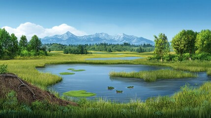 Serene pond, lush greenery, distant mountains.