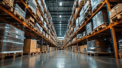 Fototapeta premium Warehouse interior, organized storage, clean aisles, high-density shelving, wide-shot perspective