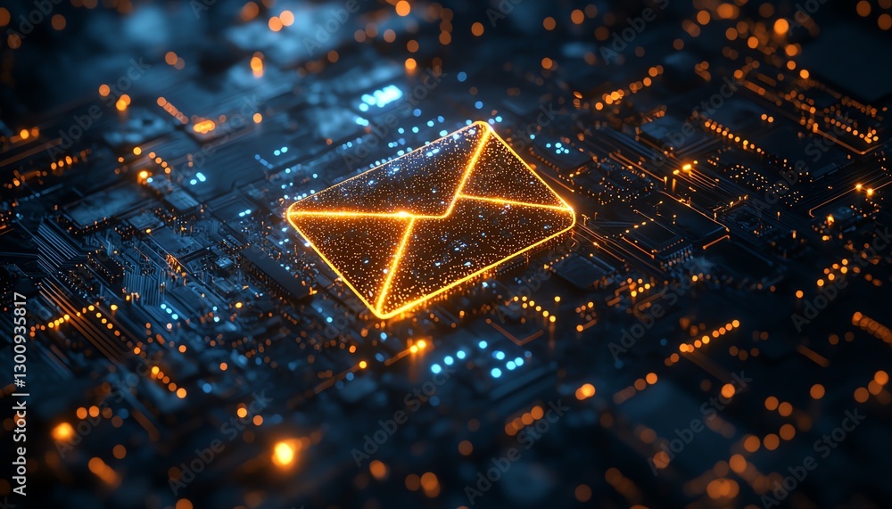 Aufkleber glowing futuristic email icon embedded in a digital circuit board, illustrating virtual communicatio