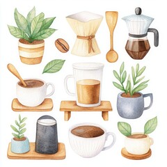 Coffee decaf smooth rich. A charming watercolor illustration featuring coffee-related items, including cups, plants, and brewing tools, creating a cozy cafe vibe.