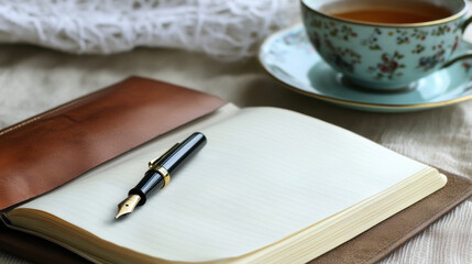A close-up shot of a writer's desk featuring an open leather-bound journal, a classic fountain pen resting on its pages, and a steaming cup of herbal tea in an ornate teacup
