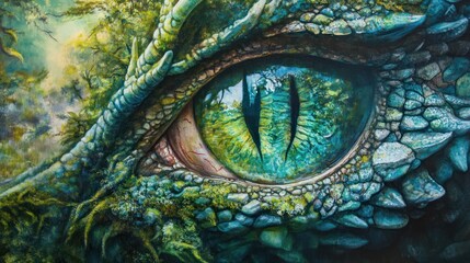 Obraz premium Close-up of a mythical dragon eye, detailed scales, vibrant green and teal hues, lush overgrown forest background.