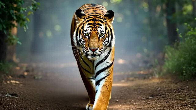 Majestic tiger stealthily walking through dense forest in Slow motion.