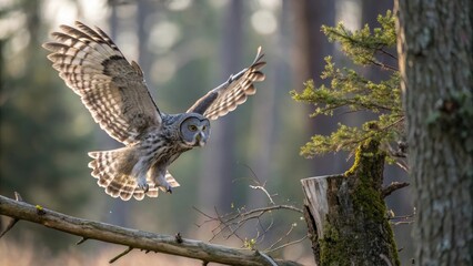 Obraz premium Dynamic owl in flight with an exhilarating mood against a blurred forest backdrop