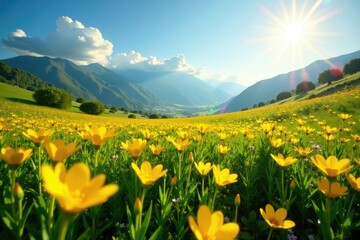 Obraz premium Desolada pradera con flores amarillas iluminadas por el sol, praderas, paisaje