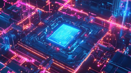 Abstract digital circuit board with glowing neon lines and central processor.
