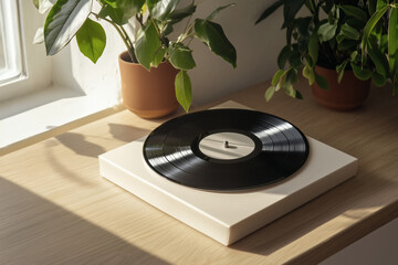 Vinyl player on a wooden surface with plants