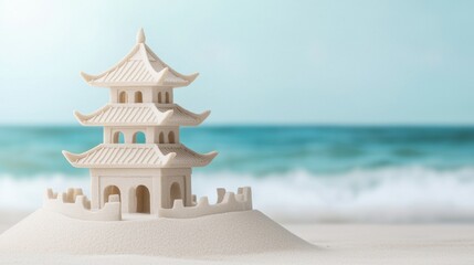 Fototapeta premium Sand castle on the ocean beach Concept, Traditional Asian Pagoda Sand Castle on Beach with Ocean Waves in Background