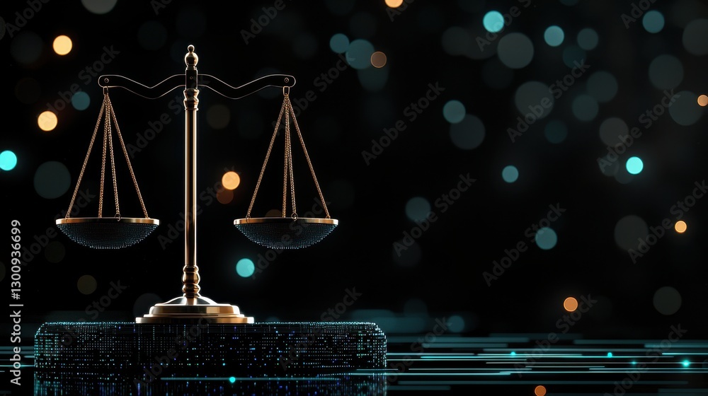 Poster elegant golden scales of justice symbolizing fairness and equality against a dynamic bokeh backgroun